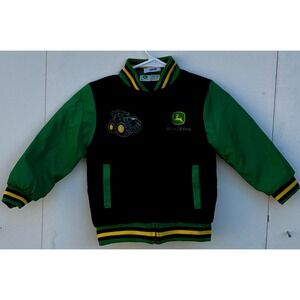 John Deere Kids Varsity Bomber Jacket Black Green Tractor Embroidered 5T RN19109